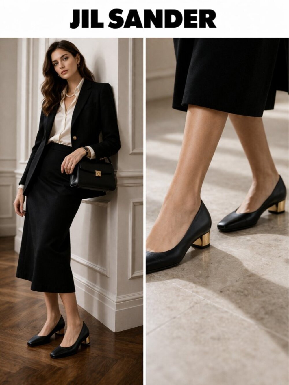 JIL SANDER Black Leather Pumps Gold Metallic Heel Pointed Toe Kitten Heel 38.5